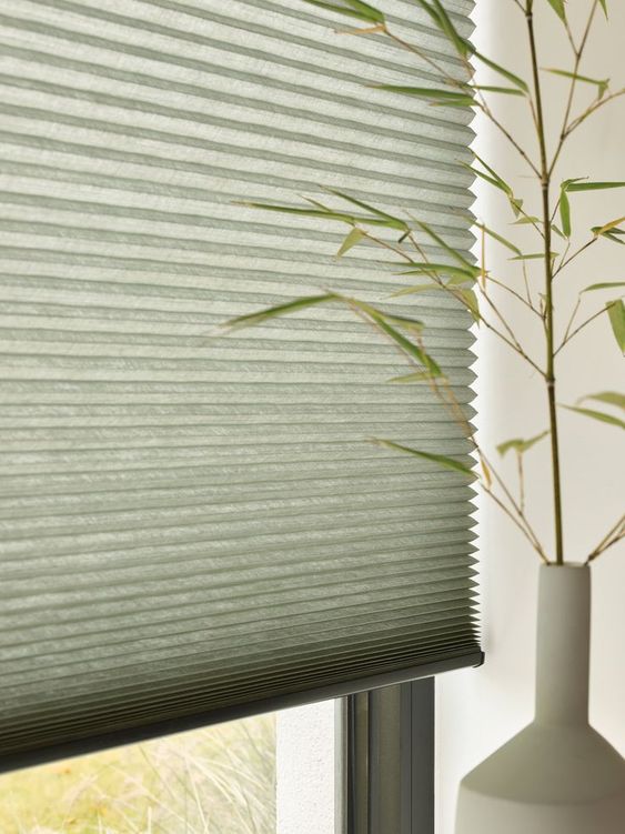 Pale green honeycomb cellular blind with natural light filtering features and a decorative vase with green leaves, enhancing home interior aesthetics