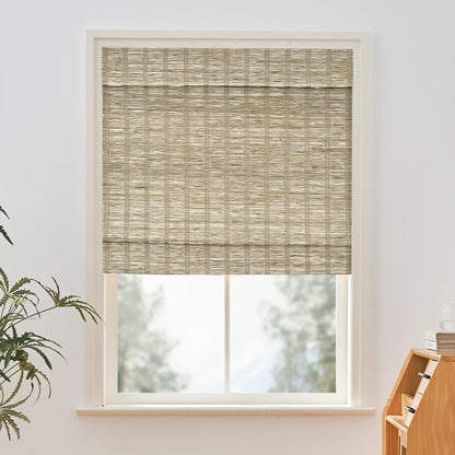 Natural woven jute bamboo shades with cinnamon tone installed on window.