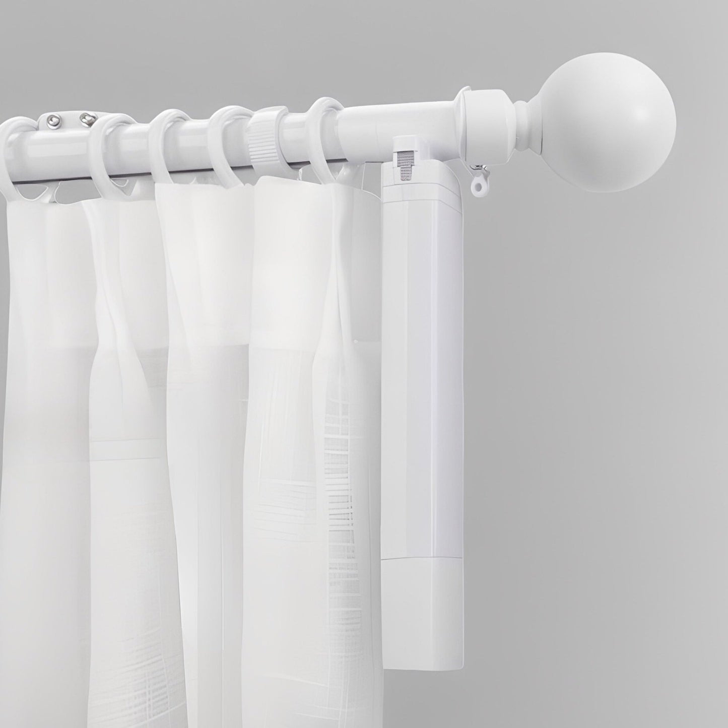 white electric curtain rod with smart motor and modern white curtains on gray wall