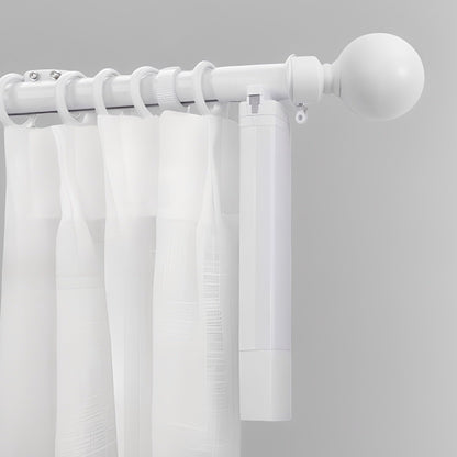 white electric curtain rod with smart motor and modern white curtains on gray wall