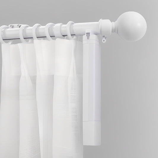 white electric curtain rod with smart motor and modern white curtains on gray wall