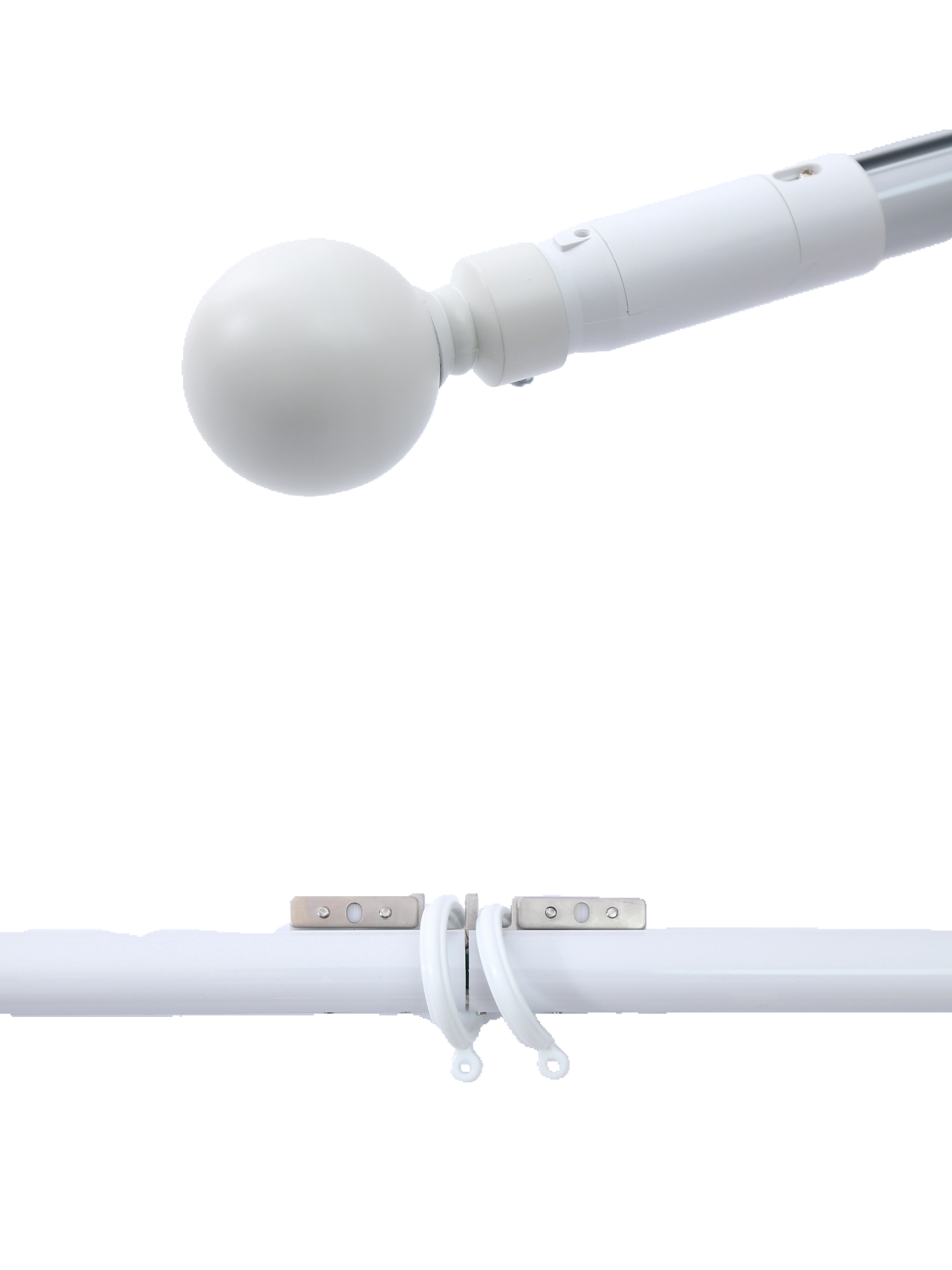 close-up of white electric curtain rod with spherical end and dual curtain rings, designed for oversized windows with smart, silent operation and durable aluminum construction