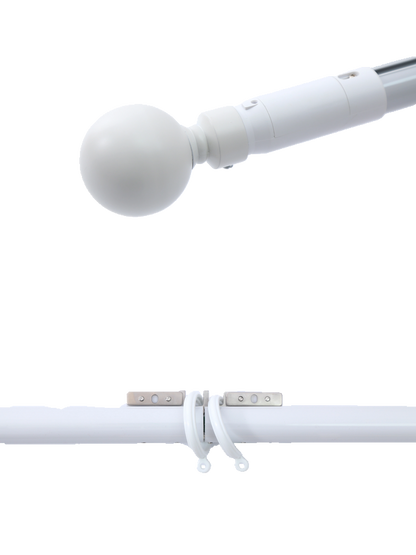close-up of white electric curtain rod with spherical end and dual curtain rings, designed for oversized windows with smart, silent operation and durable aluminum construction