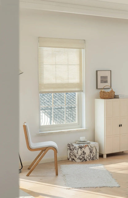 Creamy white natural ramie woven wood shades, handcrafted and mildew-resistant window treatment