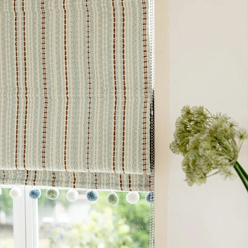 Striped curtains in "Fair Isle" Jacquard blackout style, featuring playful, dopamine-inspired designs for children's playroom.