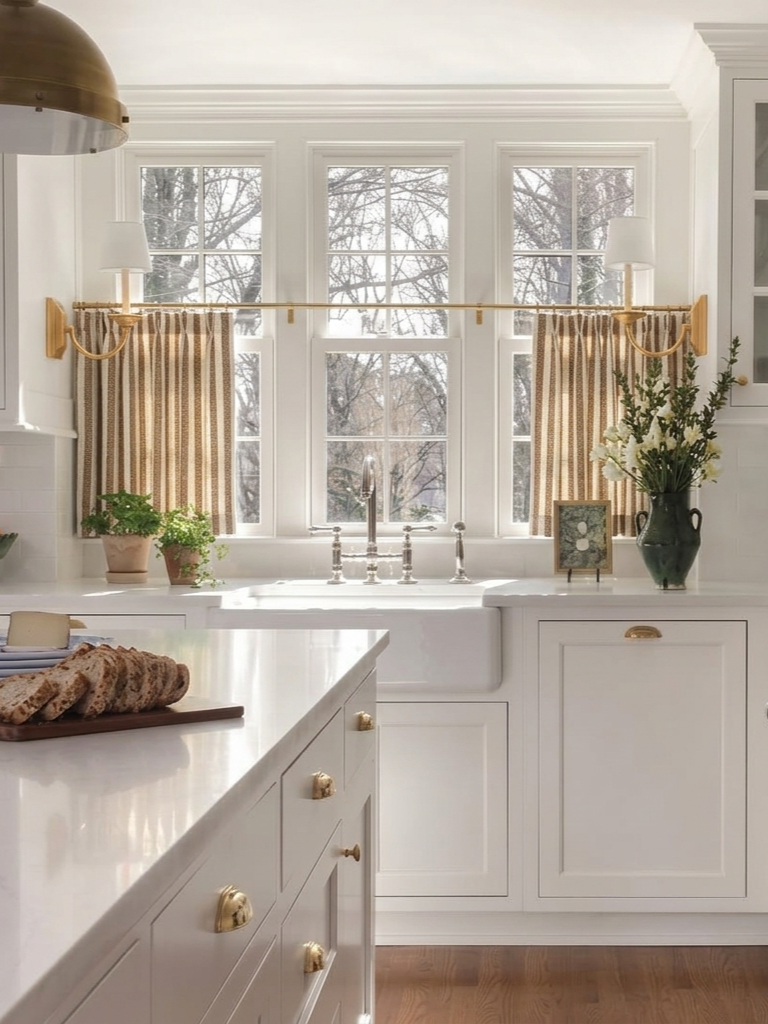 Classic striped linen café curtains in French country style for kitchen windows, custom-made for a perfect fit