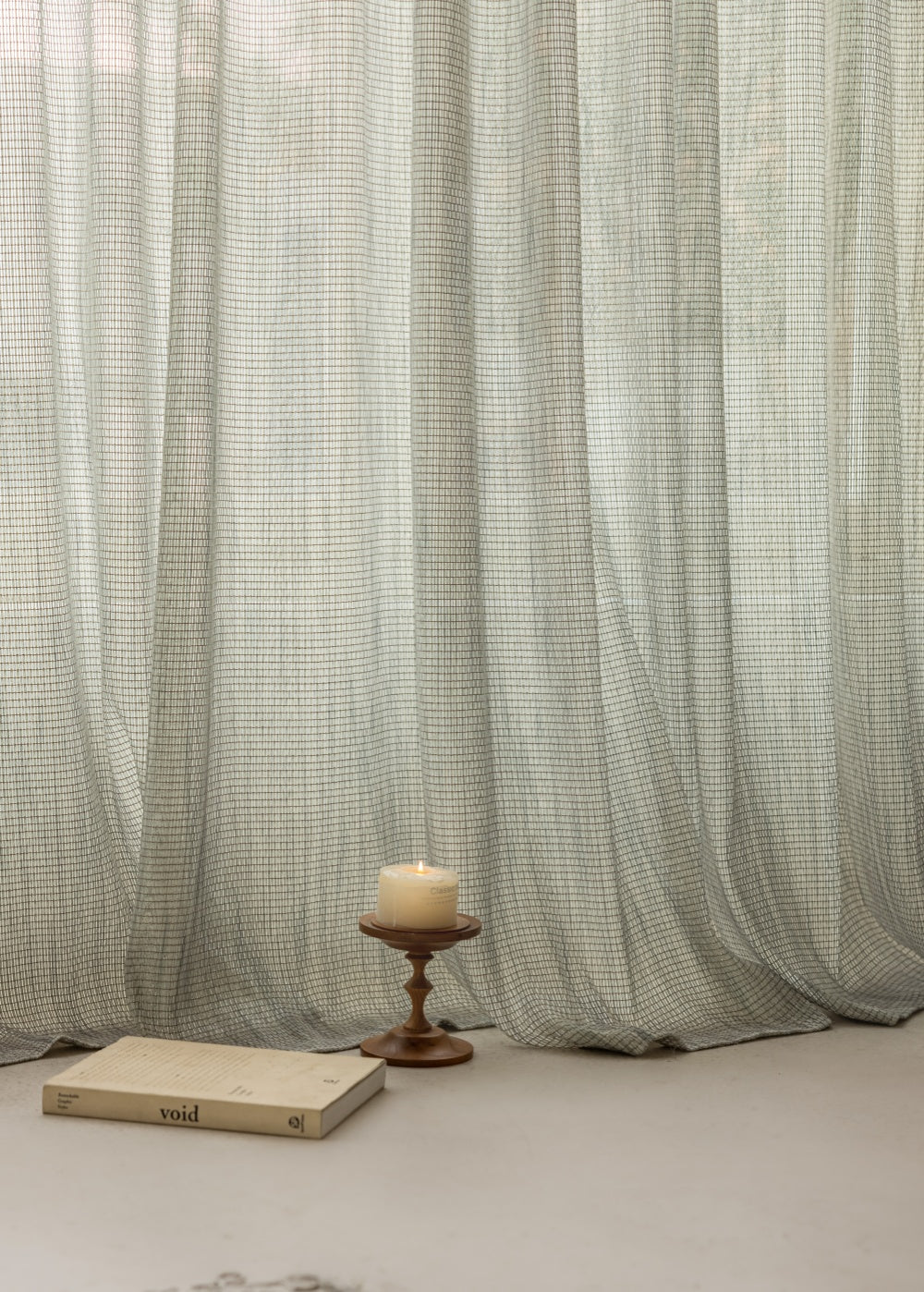 Smoky Green net curtains with grid pattern, subtle elegance, luxurious texture.