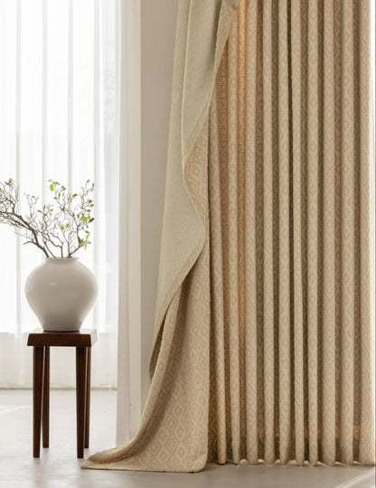 Gold curtains with Cézanne-inspired jacquard design, enhancing modern home decor.