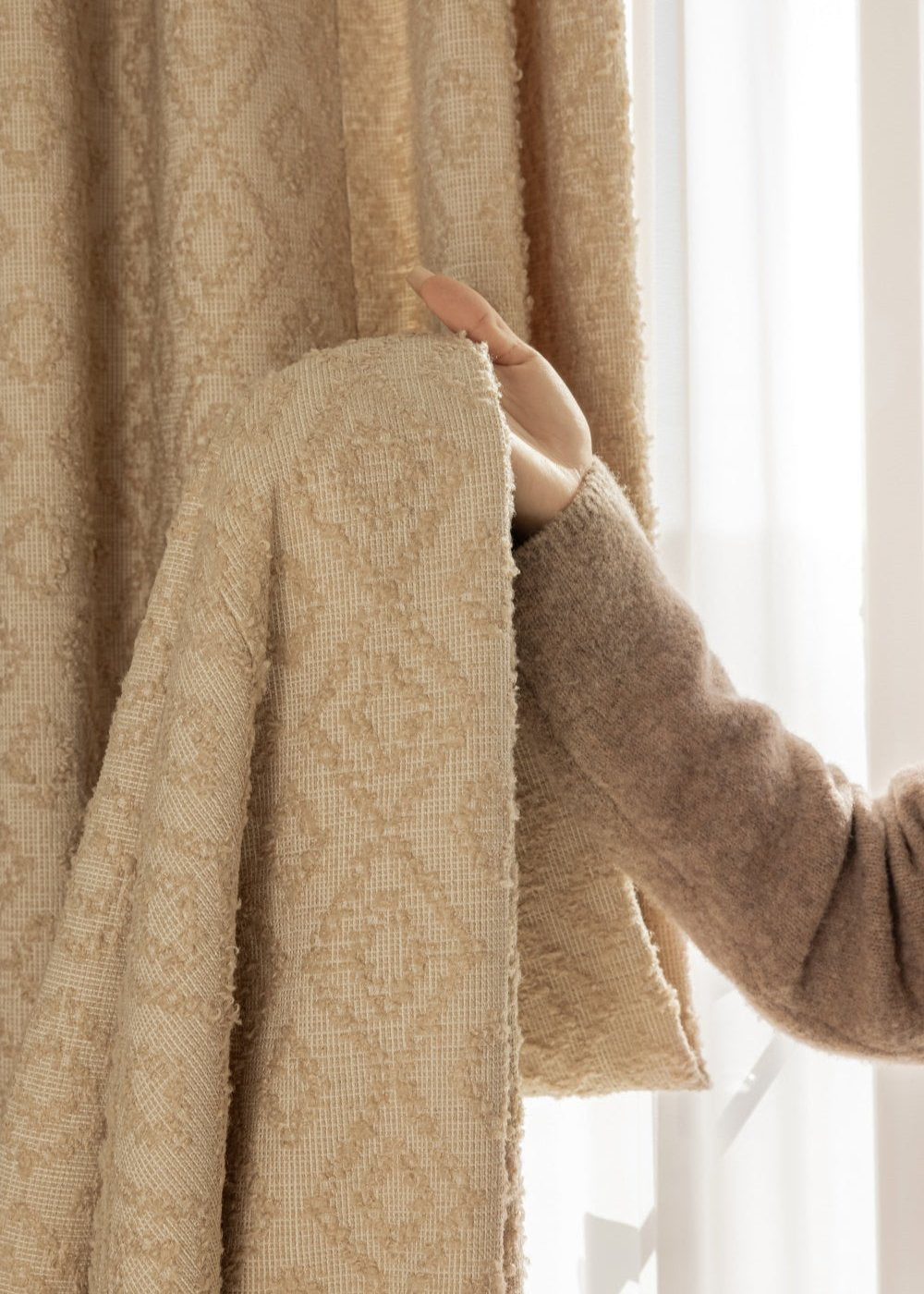 Luxury geometric curtains with layered embroidery and textured fabrics by EaseEase