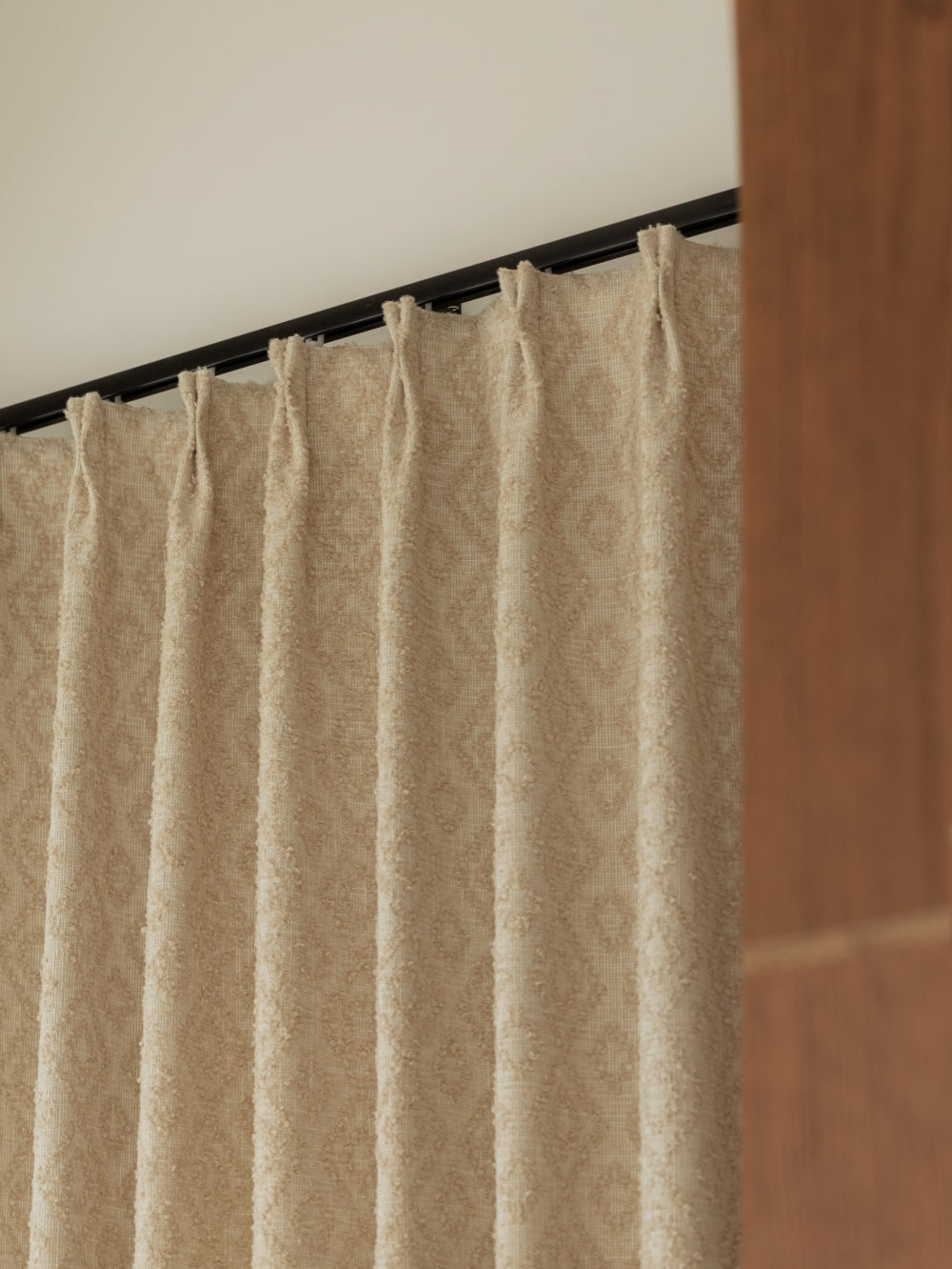 Gold curtains with Cézanne-inspired jacquard pattern, blending Impressionist art with modern home decor.