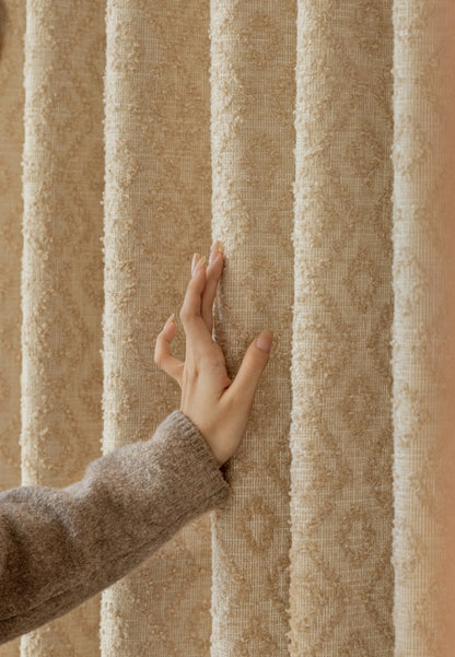 Art-inspired gold curtains with a delicate diamond pattern, adding elegance and depth to home décor.