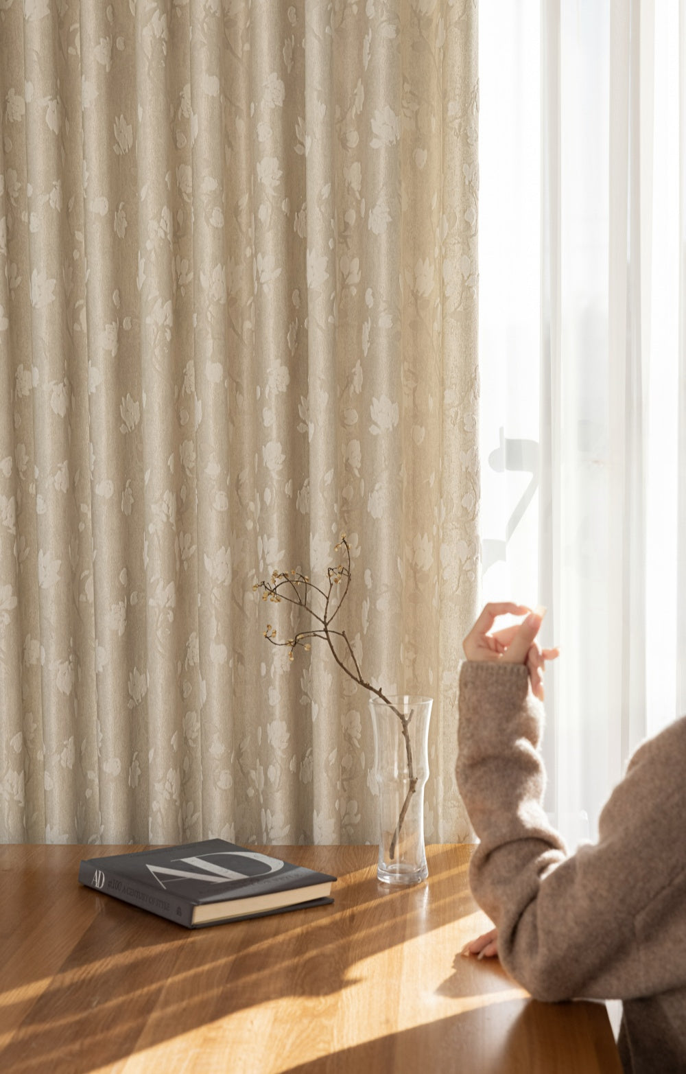 Luxury white silk curtains with magnolia embroidery, dupioni silk drapes in elegant home setting.