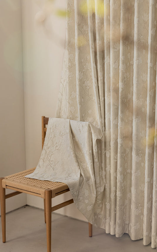 Luxury magnolia embroidery pattern curtains in dupioni silk, showcasing elegant design.