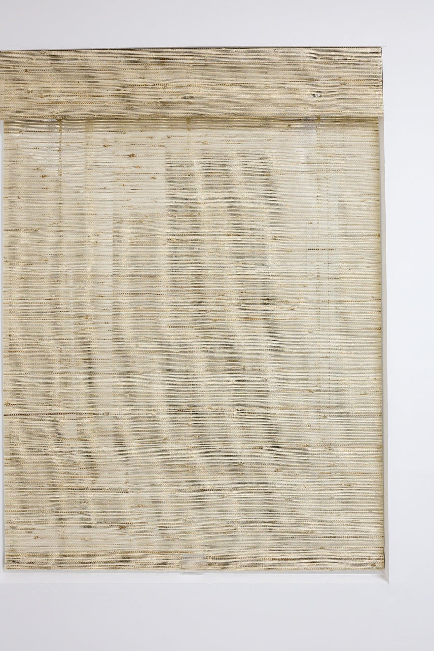 Beige natural ramie woven wood blinds with handcrafted texture for elegant window decor
