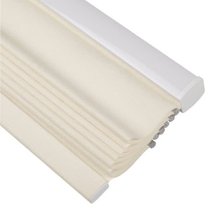 Cream-colored cordless sheer Roman blind with modern aluminum alloy lifting track for stylish and functional window treatment