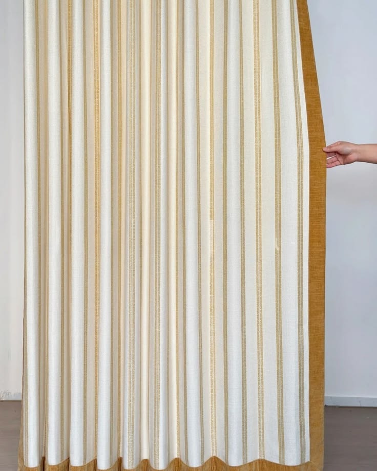 Modern minimalist Bauhaus stripe office curtains with ochre velvet trim for a refined workspace