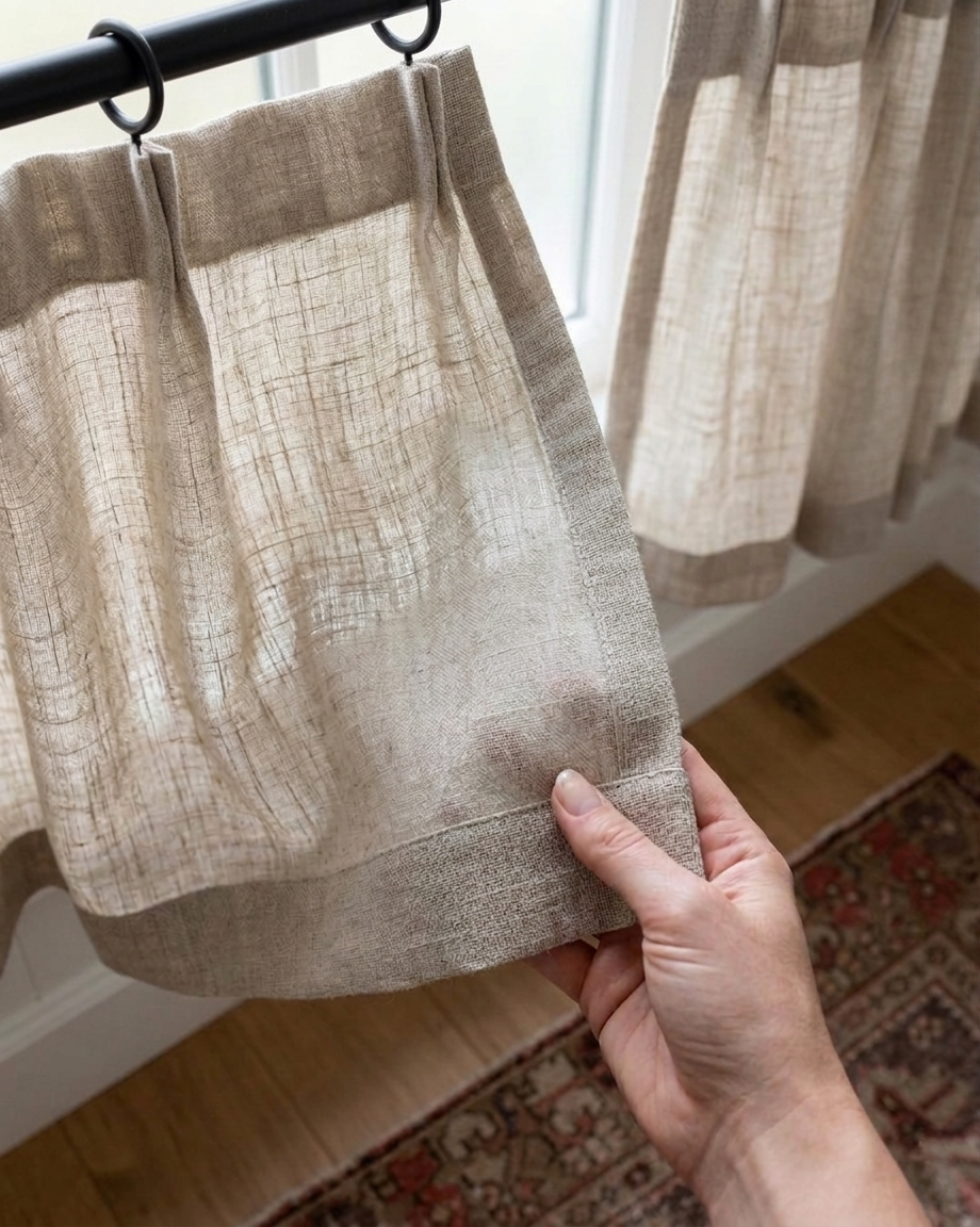 Custom cafe curtains in semi-sheer fabric, customizable size and color, perfect for kitchen and dining room decor.