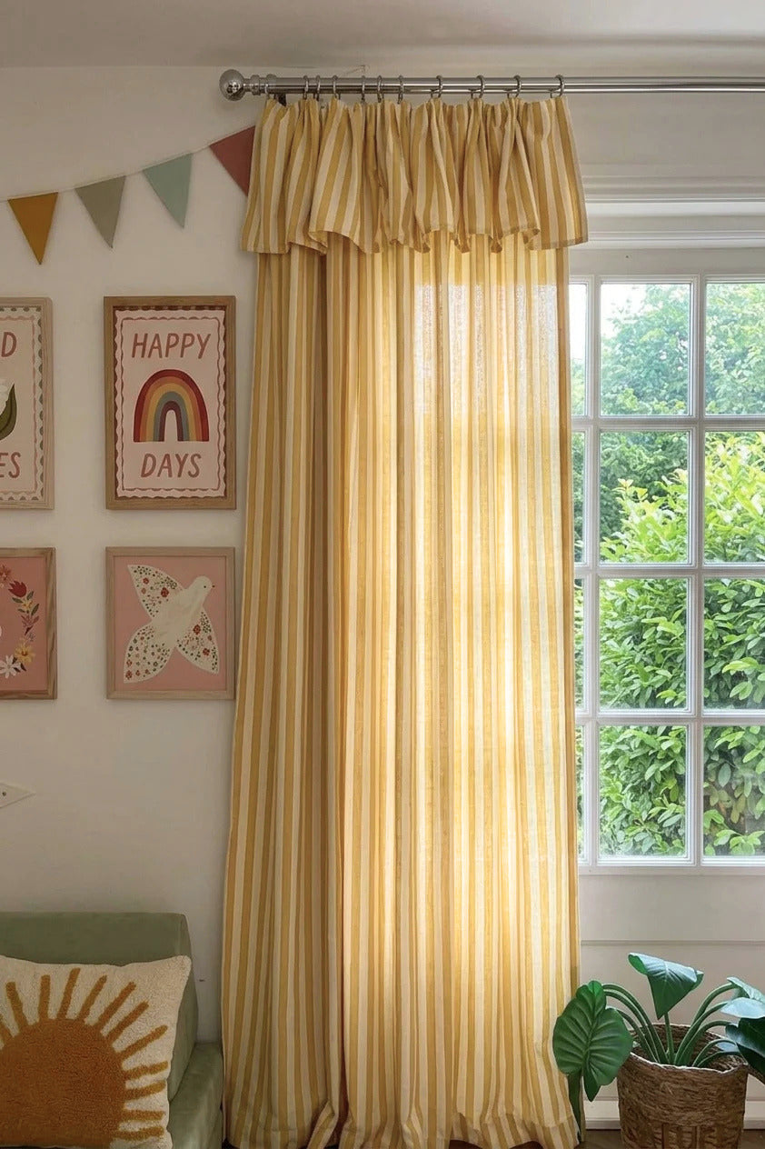 Soft yellow striped linen playroom curtains for kids room with light filtering and blackout options