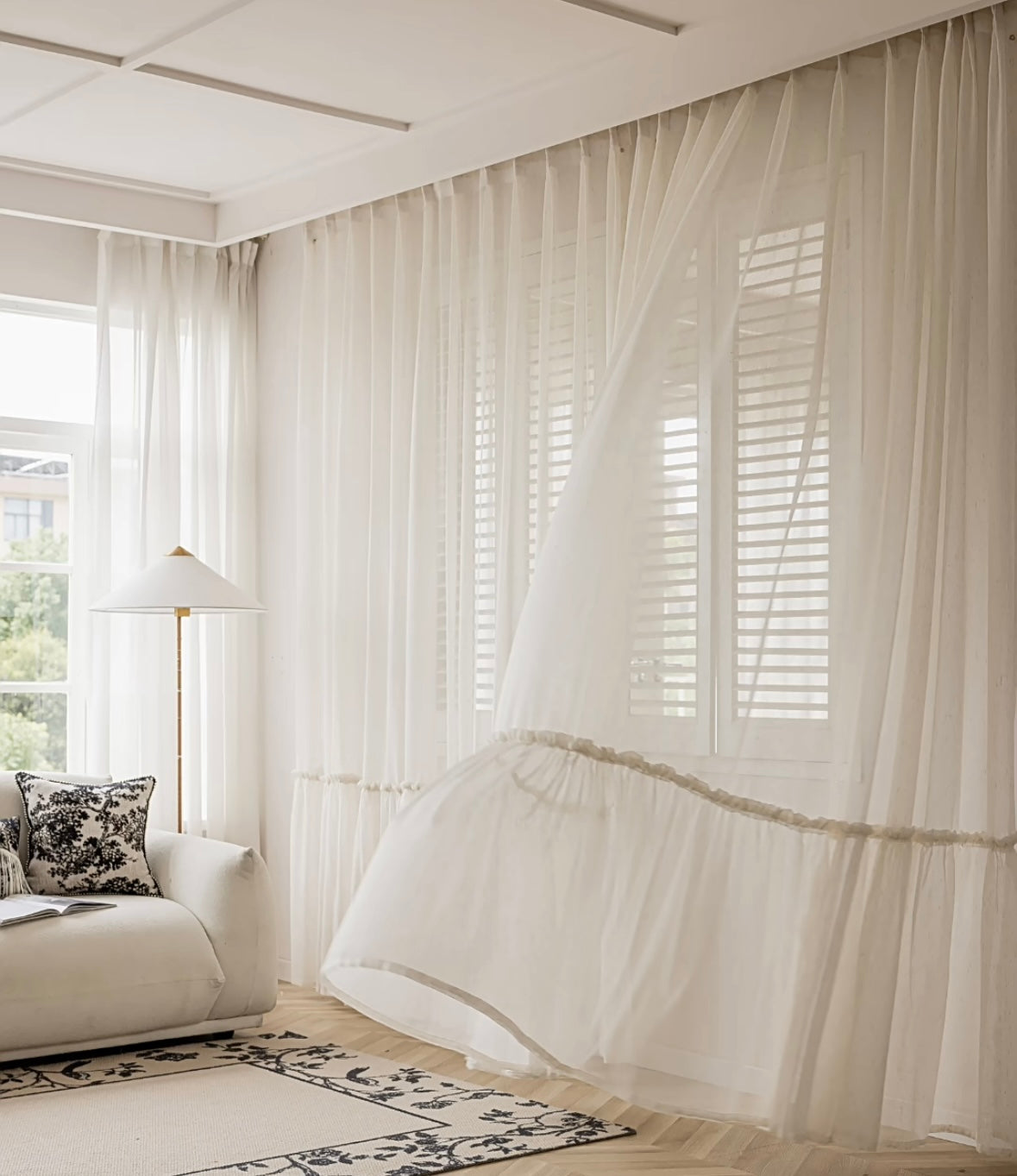 Elegant sheer curtains with ruffled hem in princess room setting, enhancing a luxurious and serene ambiance.