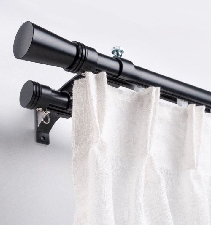 Extra-long curtain rod with customizable aluminum sliding rods and ripple fold header.