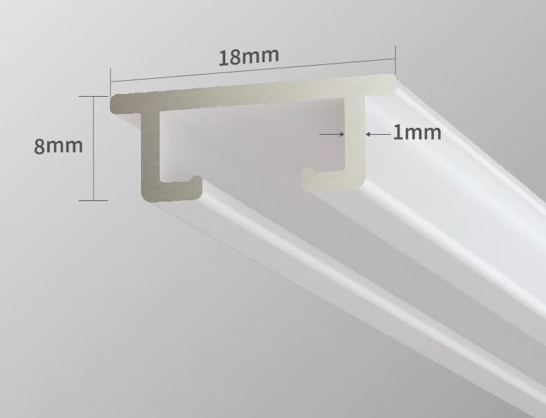  White plastic profile, 18mm wide, 8mm high, 1mm thick. Part of EaseEase Ultra-Thin Silent Invisible Track system.