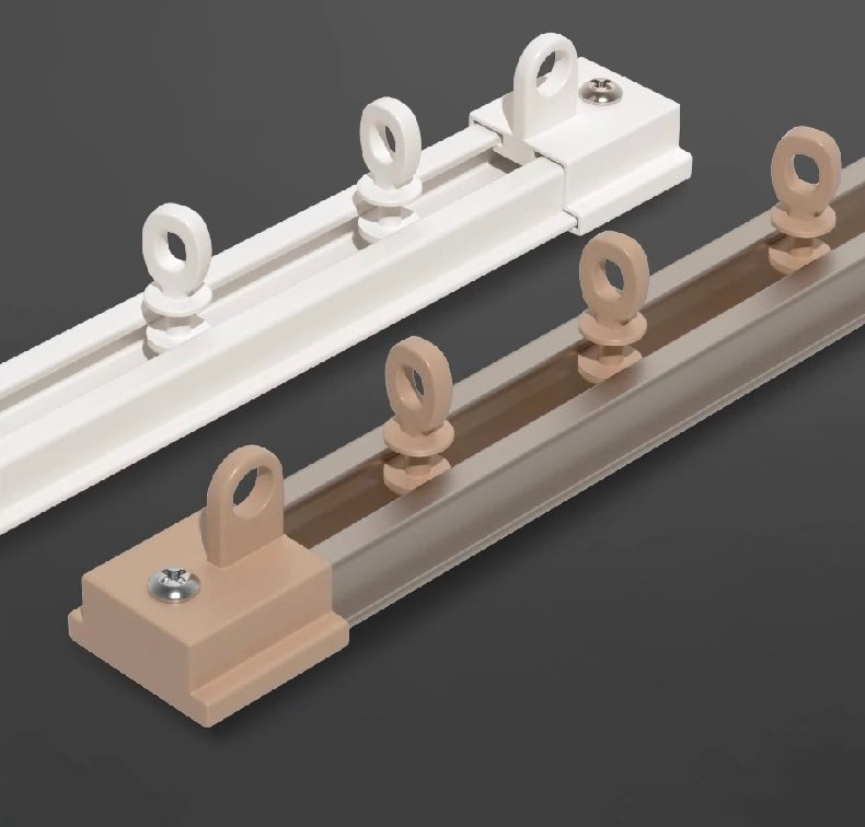 Two railings with hooks and handles, suitable for curtain track installation.
