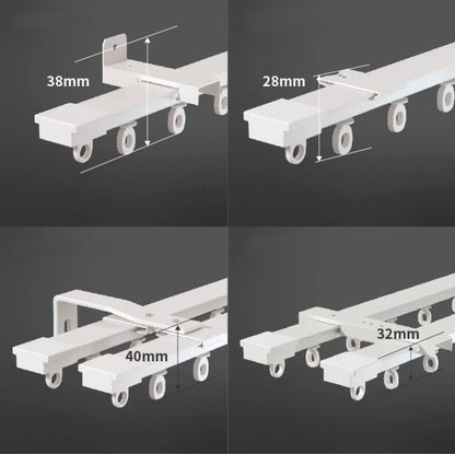 Four views of EaseEase Ultra-Thin Silent Invisible Track Curtain with varying rail lengths.
