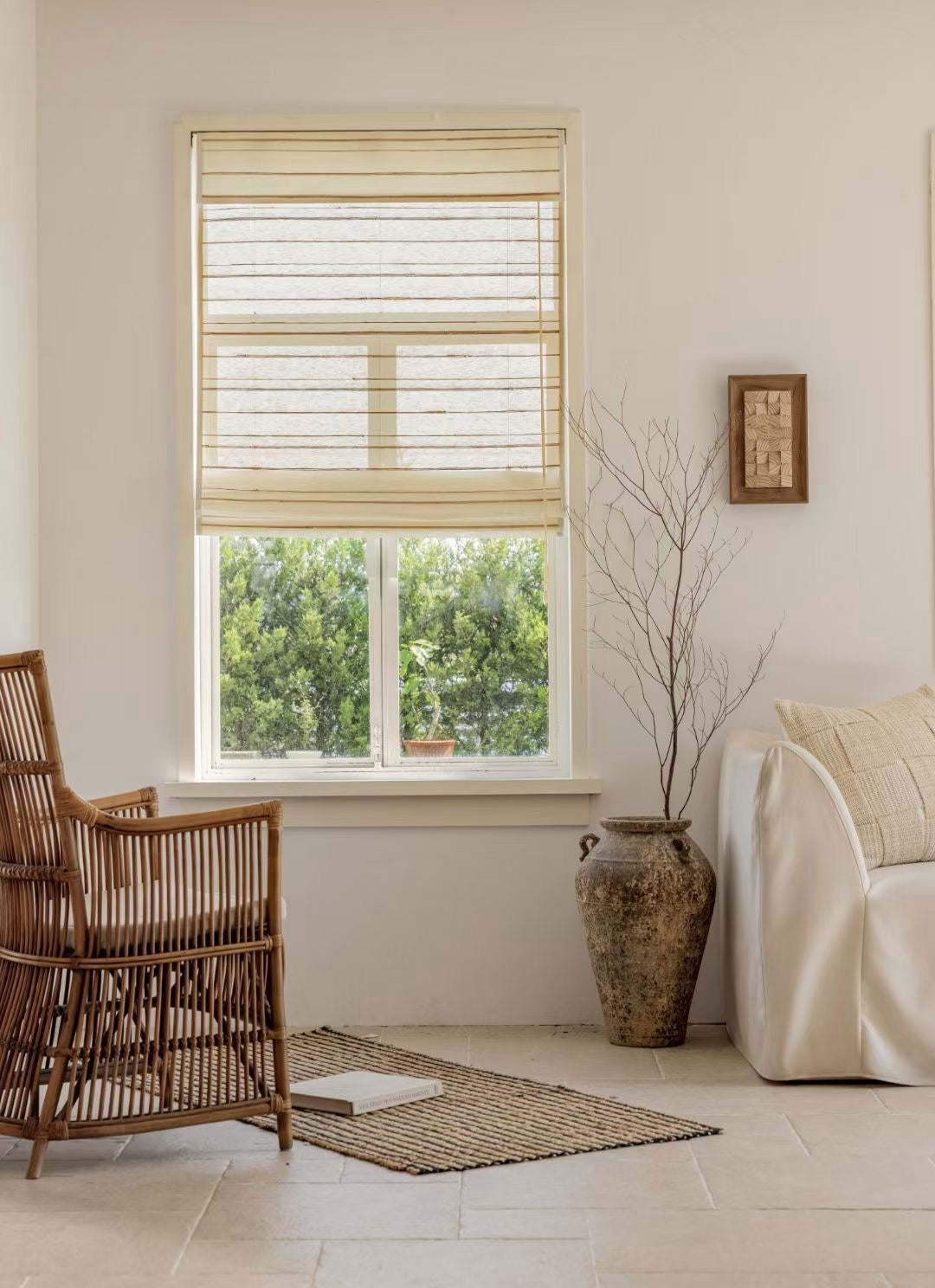 Natural Ramie Bamboo Blinds in a cozy living room setting.