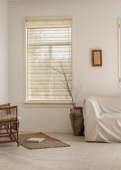 Natural Ramie Bamboo Blinds in a cozy living space, featuring woven shades and eco-friendly decor.