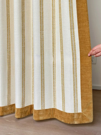 Modern minimalist Bauhaus striped office curtains with ochre velvet trim for home workspace