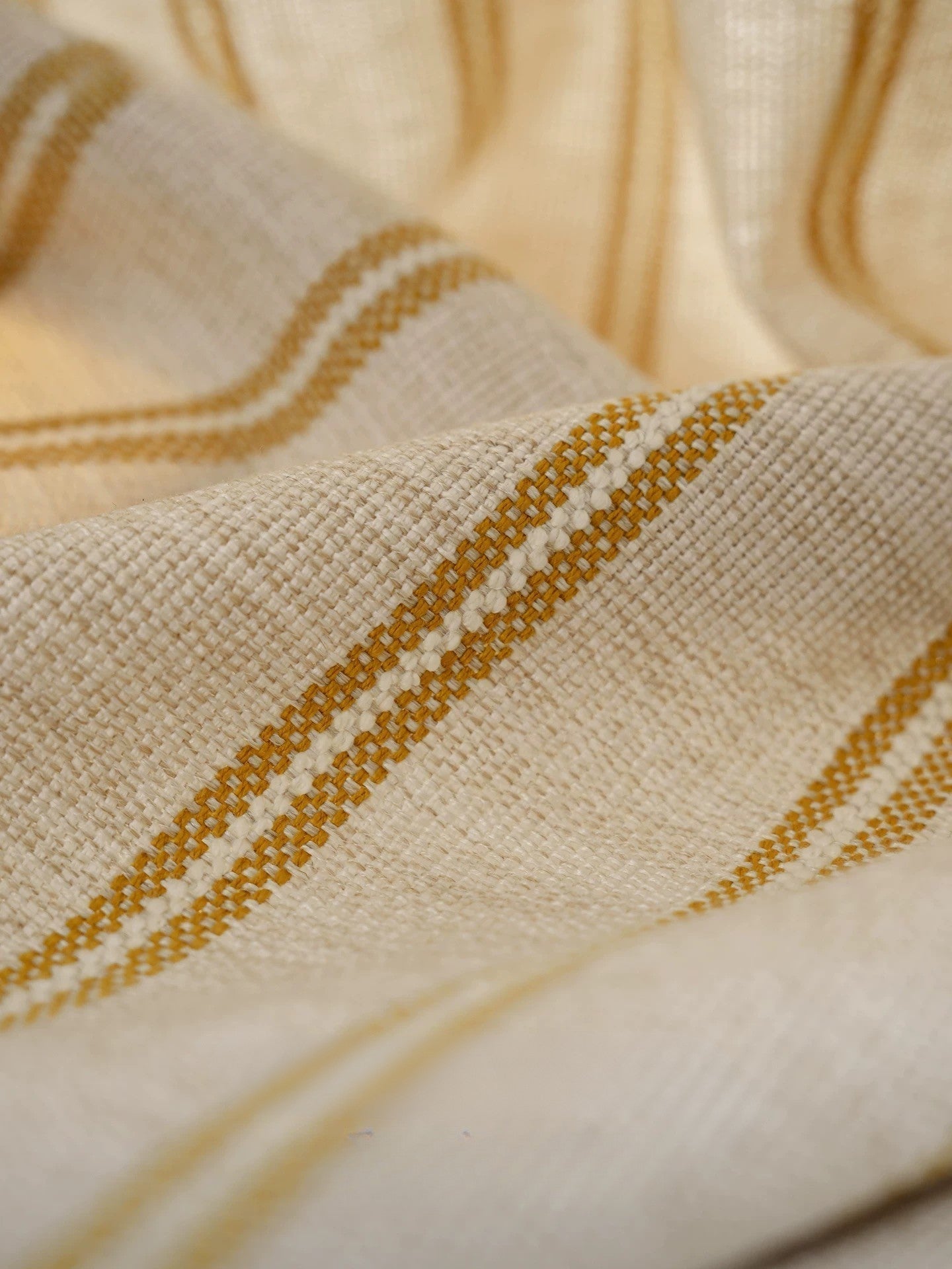 Modern minimalist Bauhaus stripe office curtains with ochre velvet trim for workspace elegance