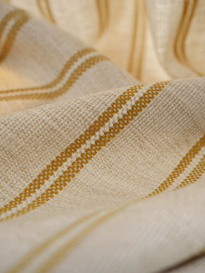 Modern minimalist Bauhaus stripe office curtains with ochre velvet trim for workspace elegance