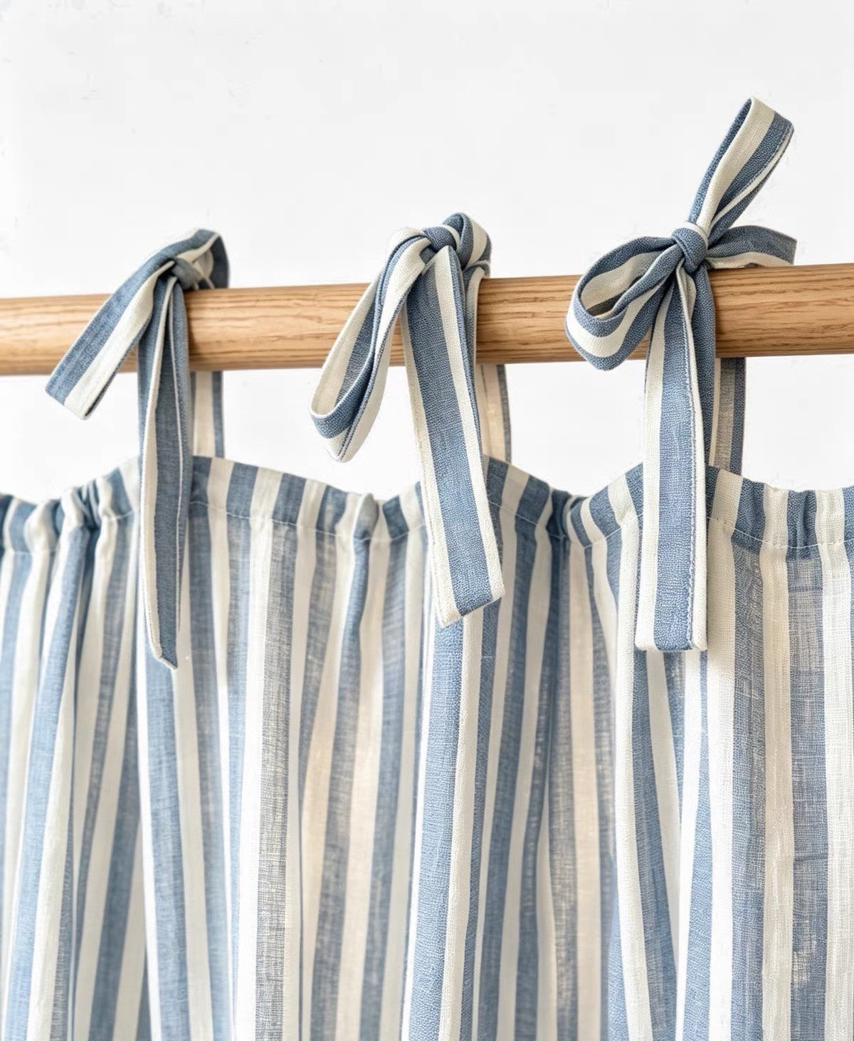 Tie Top Curtains: Custom Coastal Blue Ticking Stripe Linen Drapery for Nursery & Kids Room, 100% Linen