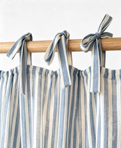 Tie Top Curtains: Custom Coastal Blue Ticking Stripe Linen Drapery for Nursery & Kids Room, 100% Linen