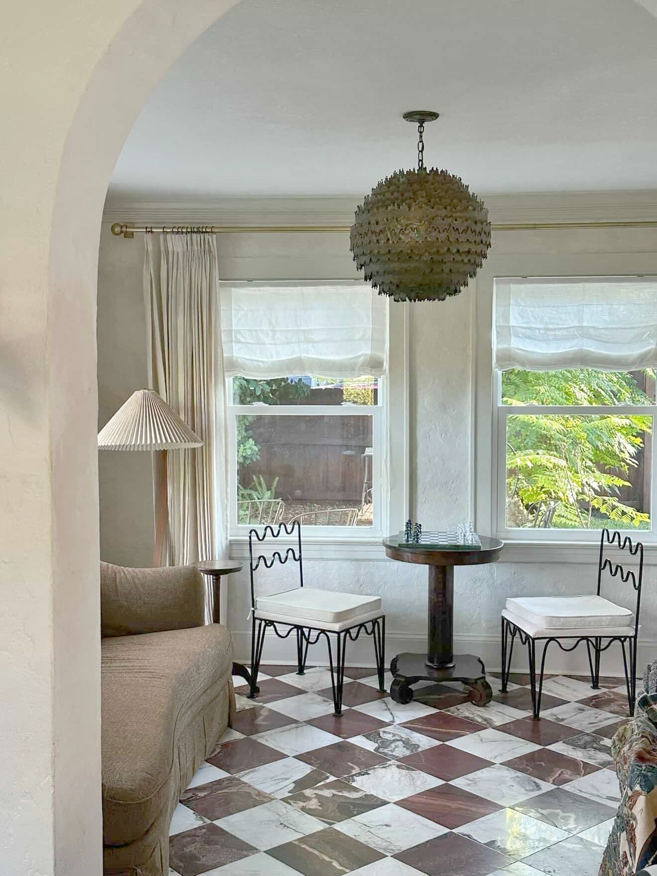 Corded soft sheer Roman shades in 100% pure linen with light-filtering, gracefully curved bottom, perfect for French-style interiors