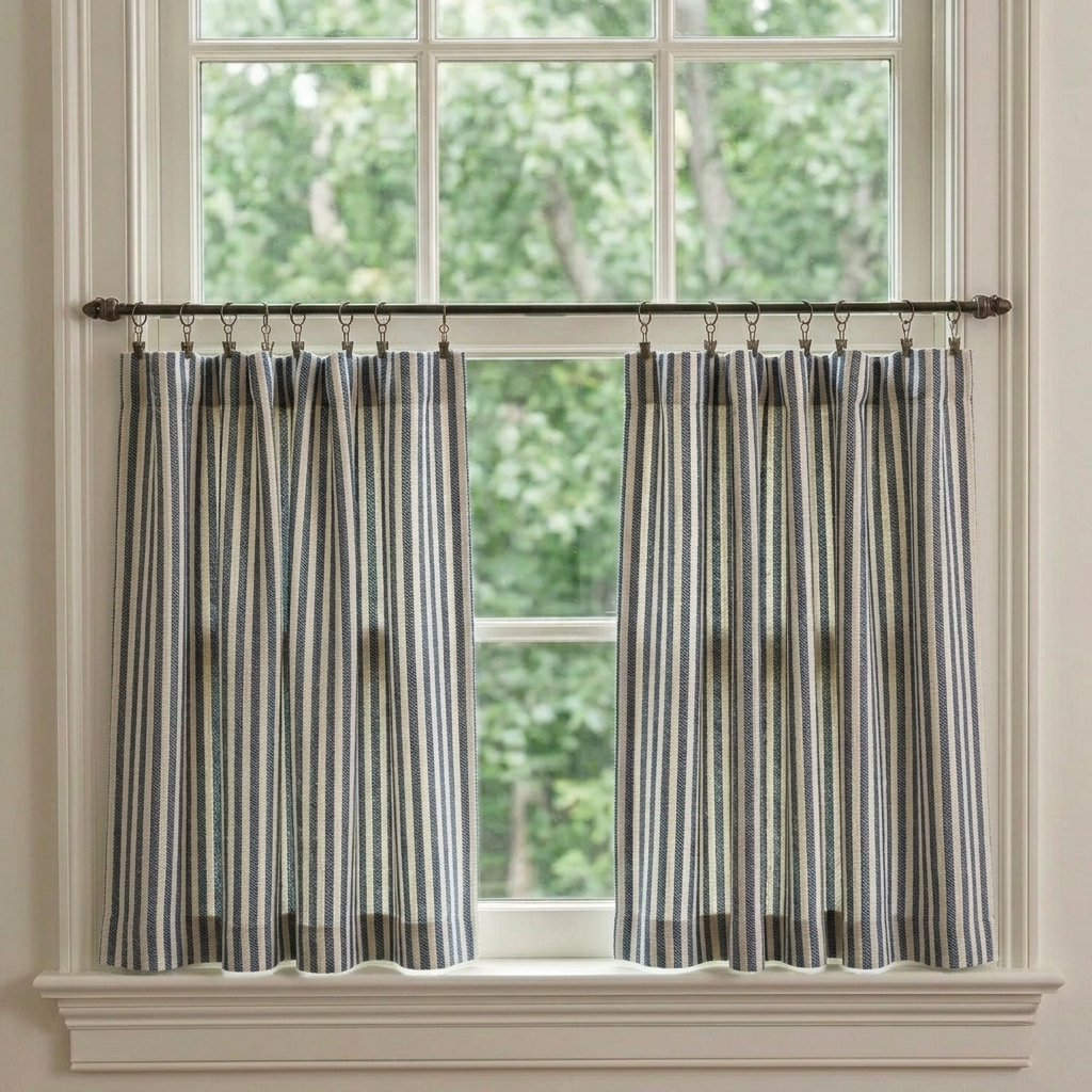 Custom-made classic striped linen café curtains for kitchen windows in French country style, light filtering and easy to hang