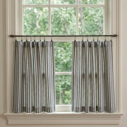 Custom-made classic striped linen café curtains for kitchen windows in French country style, light filtering and easy to hang
