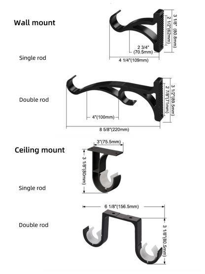 electric curtain rod mounting brackets for wall and ceiling with dimensions for single and double rods
