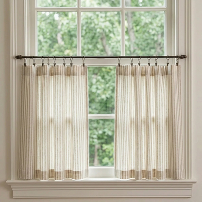 Classic striped linen café curtains for kitchen windows in French country style, custom-made and light filtering