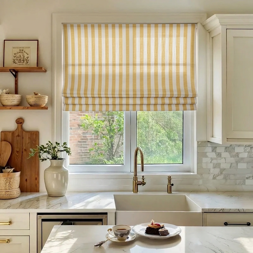 Butter yellow striped linen Roman window shades brightening a modern living room