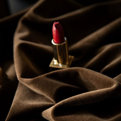 Luxurious high-matte brown velvet drapes fabric with red lipstick on top for living room and bedroom decor