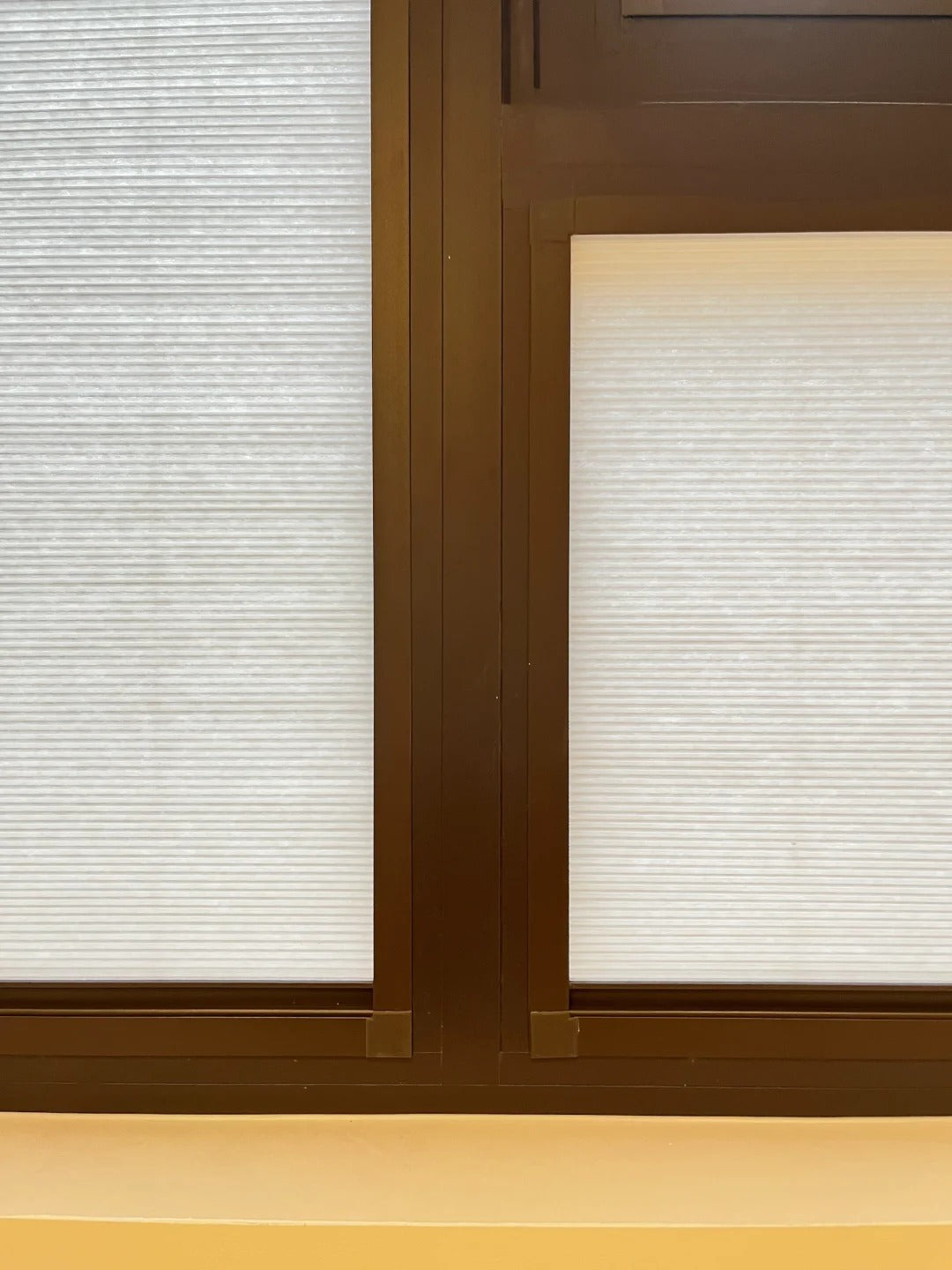 Detailed view of 16mm honeycomb shades installed on a clear glass window, highlighting the window frame and the sleek, high-end color of the shades, which offer excellent privacy.