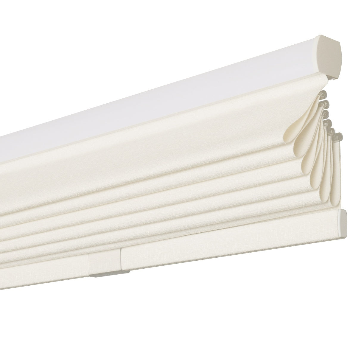 Close-up view of cream-colored sheer Roman blinds with a seamless top casing, highlighting sleek and stylish cordless functionality