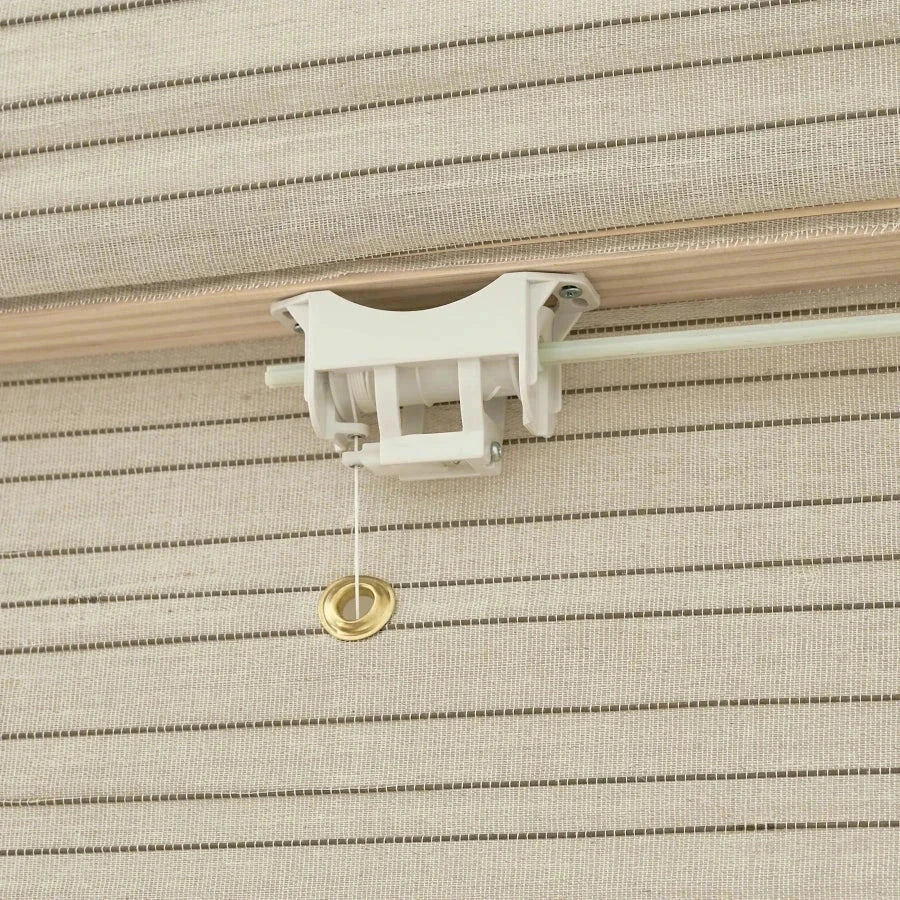 Natural linen bamboo shade with black stripes, eco-friendly and handwoven blinds promote airflow and style.