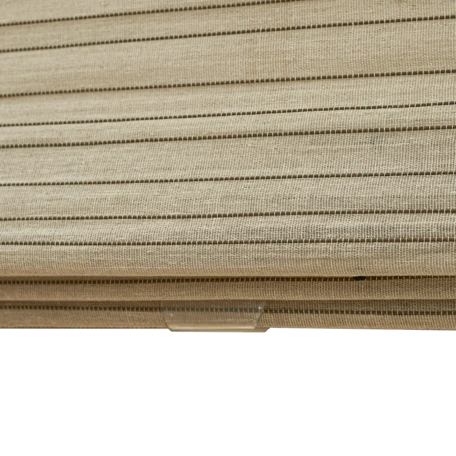 Natural linen bamboo shade with black stripes, eco-friendly and handcrafted.