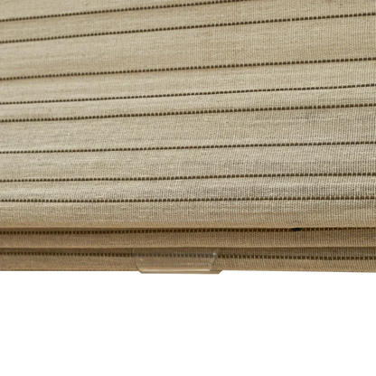 Natural linen bamboo shade with black stripes, eco-friendly and handcrafted.
