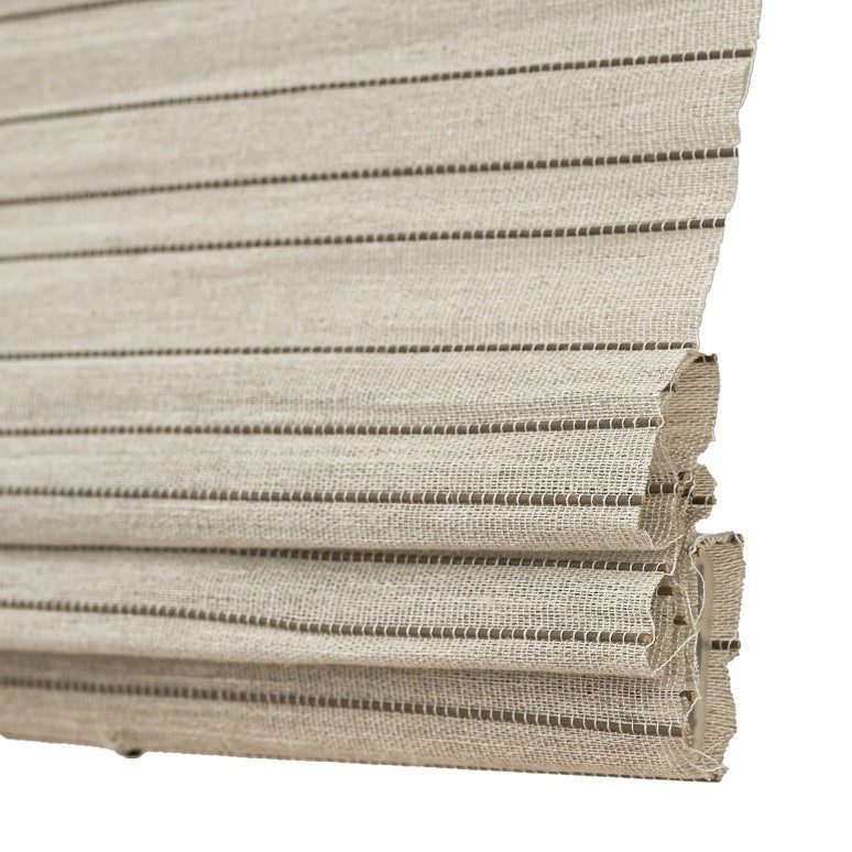 Natural linen bamboo shade with black stripes, eco-friendly design.