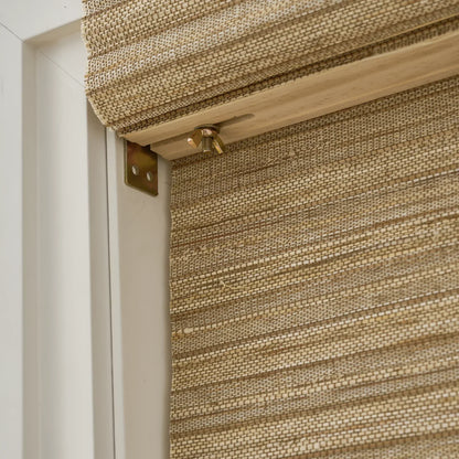 Natural hemp outdoor bamboo shades in beige brown with Roman folds, showcasing eco-friendly craftsmanship and elegant design.