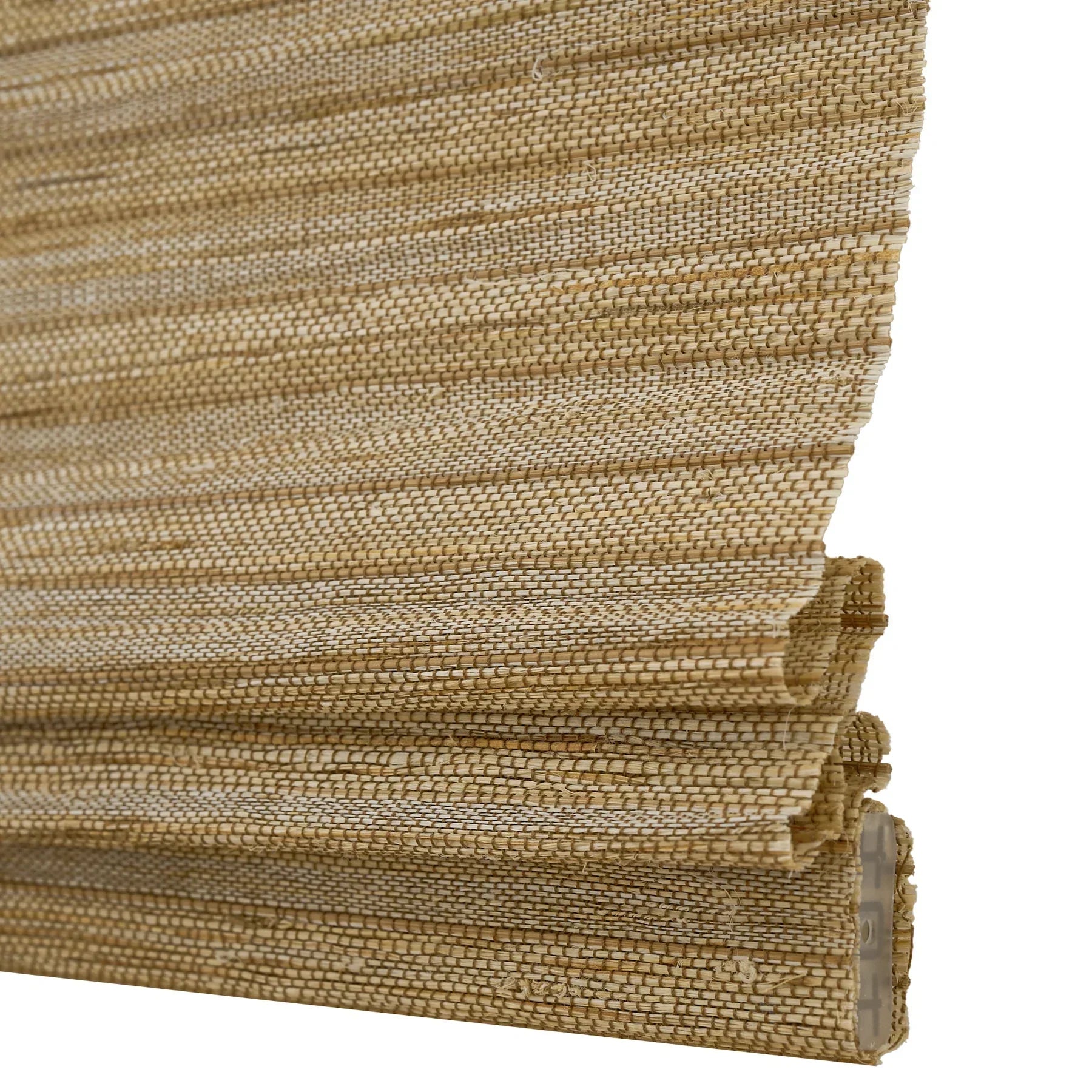 Natural hemp outdoor bamboo shades in beige brown with Roman folds, made from eco-friendly materials.