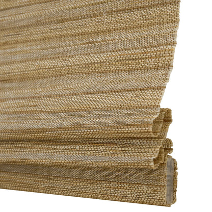 Natural hemp outdoor bamboo shades in beige brown with Roman folds, made from eco-friendly materials.